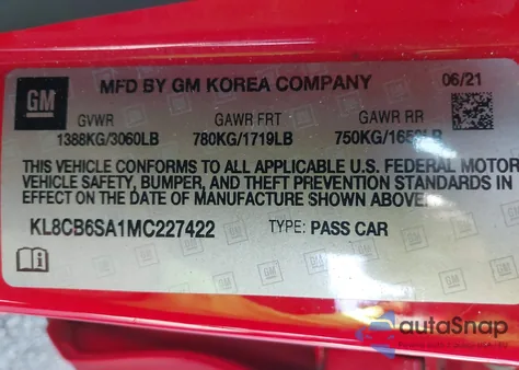 2021 Chevrolet Spark Fwd Ls Automatic из США, поврежденный, VIN KL8CB6SA1MC227422